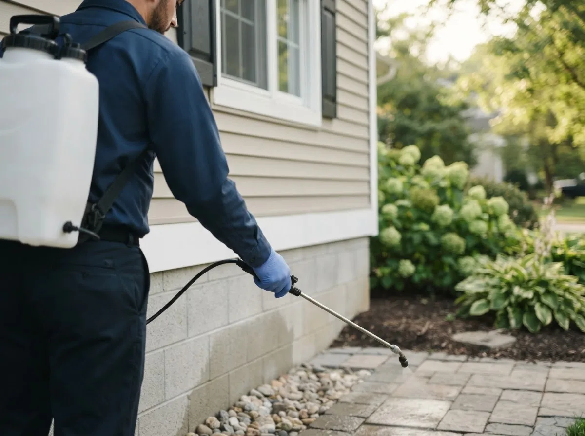 Pest control technician inspecting a home in Notrees, TX
